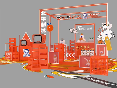 Beiping Ice Factory Exhibition Booth With Orange Decor And Cartoon Mascot Displays 3d model