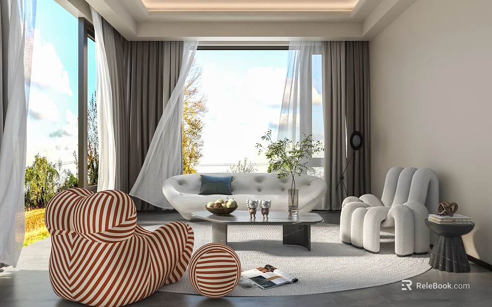 Modern Living Room Interior With White Sofa Striped Armchair And Floor To Ceiling Windows 3d model 