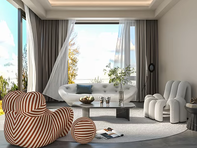 Modern Living Room Interior With White Sofa Striped Armchair And Floor To Ceiling Windows 3d model