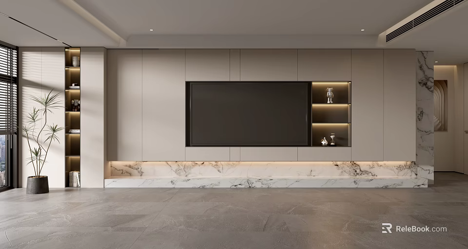 Modern Luxury TV Wall Design With Marble Base And Built-in Storage Shelves 3d model 