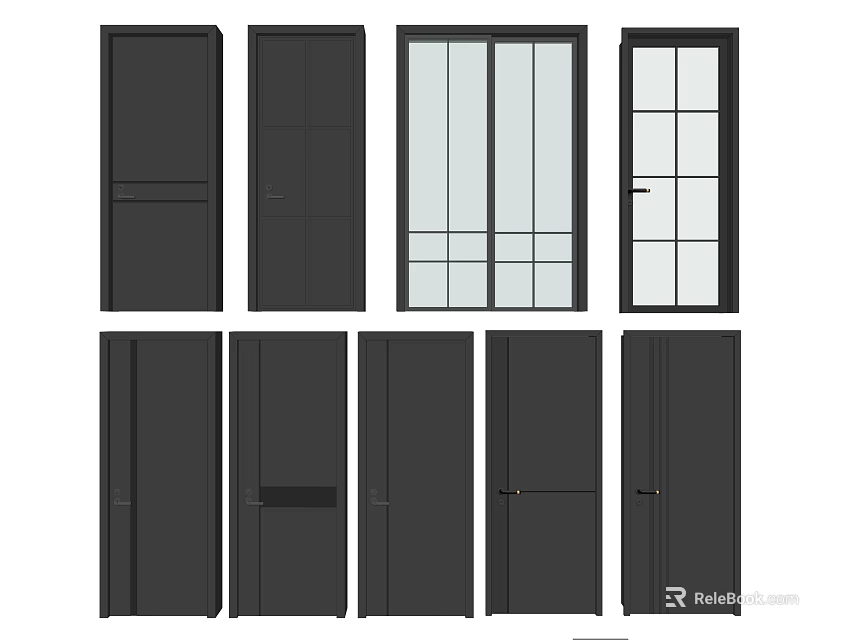 Modern Black Hinged Doors With Various Designs And Glass Panel Options 3d model