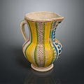 Handcrafted Ceramic Jug With Decorative Handle Colorful Stripes And Geometric Patterns 3d model