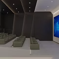 Modern Public Office Space with Rows of Seats Large Blue Screen Black Paneled Walls and Recessed Lights
