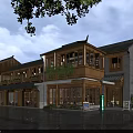 Traditional Chinese Style Commercial Street With Wooden Shop Fronts Gray Tile Roof And Green Plants