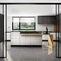 Modern Open Kitchen Interior With Island Countertop Cabinets Refrigerator Glass Doors And Window