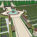 Formal Garden Landscape With Trimmed Hedges Fountain And Stone Pathways