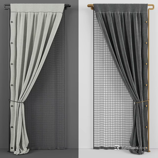 Elegant Gray And Dark Gray Curtains With Sheer Grid Panel And Tiebacks 3d model 