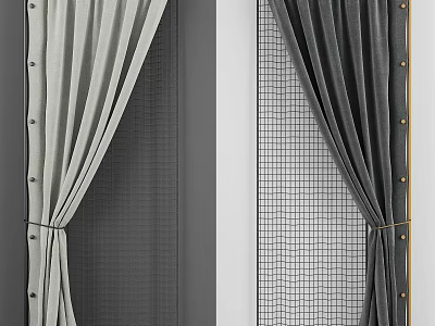 Elegant Gray And Dark Gray Curtains With Sheer Grid Panel And Tiebacks 3d model
