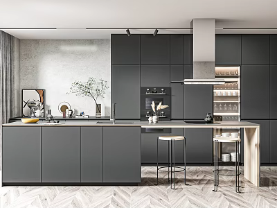 Modern Kitchen Interior Design With Black Cabinets Island Counter And Bar Stools 3d model