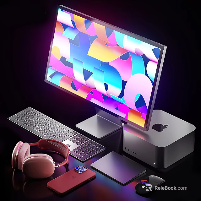 Modern Desktop Computer Setup With Colorful Monitor Screen Keyboard And Pink Headphones 3d model 