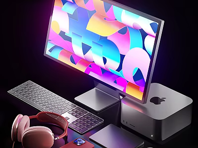 Modern Desktop Computer Setup With Colorful Monitor Screen Keyboard And Pink Headphones 3d model