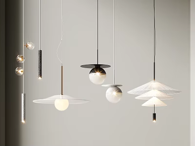 Modern Pendant Lights With Various Shapes And Designs Hanging In Contemporary Interior 3d model