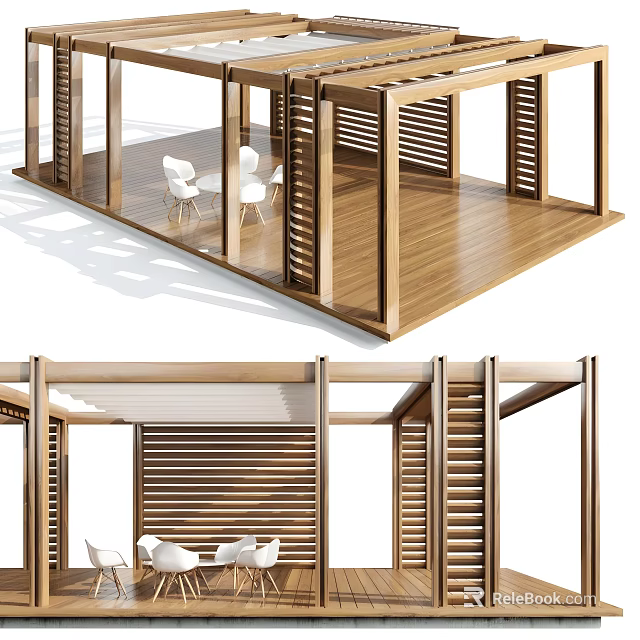 Wooden Open Space With Louvered Panels And White Chairs On Wooden Floor 3d model 