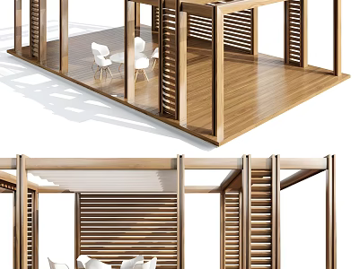 Wooden Open Space With Louvered Panels And White Chairs On Wooden Floor 3d model