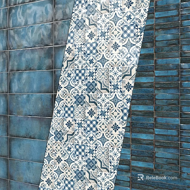 Blue And White Patterned Tiles Design With Dark Blue Wall Tiles And Decorative Patterns 3d model 