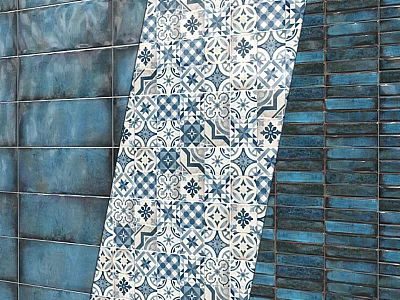 Blue And White Patterned Tiles Design With Dark Blue Wall Tiles And Decorative Patterns 3d model