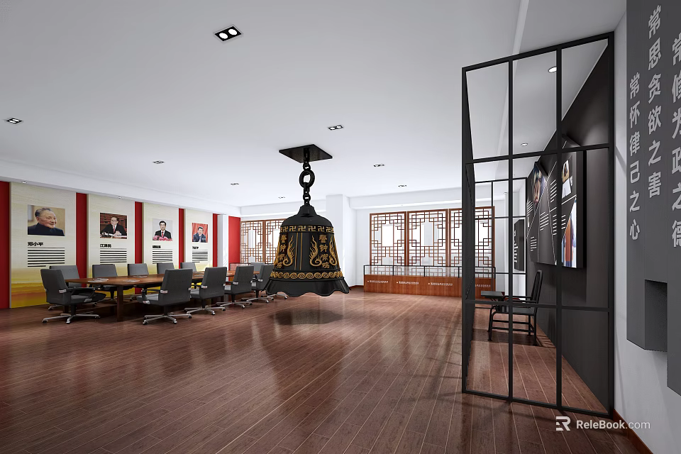 Modern Conference Room Interior With Wooden Flooring Black Chandelier Meeting Table And Red Framed Paintings 3d model 