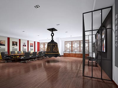 Modern Conference Room Interior With Wooden Flooring Black Chandelier Meeting Table And Red Framed Paintings 3d model
