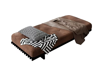 Cozy Modern Single Bed With Brown Upholstery Black White Geometric Pillow And Soft Blanket 3d model
