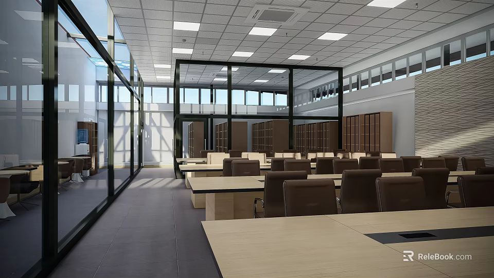 Modern Public Office Space With Glass Partitions Tables Chairs And Ceiling Lights 3d model 