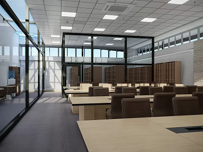 Modern Public Office Space With Glass Partitions Tables Chairs And Ceiling Lights 3d model