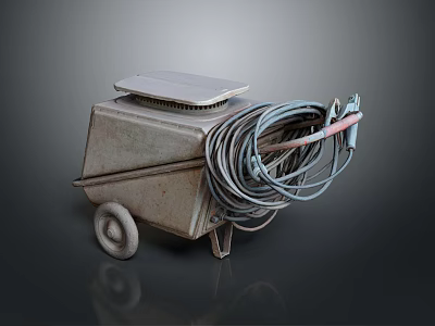 Old Metal Wheeled Industrial Equipment With Coiled Cables And Top Panel 3d model
