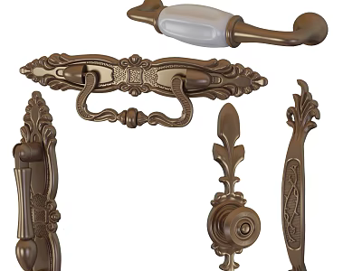 Decorative Vintage Brass Furniture Handles With Intricate Carvings And Various Designs 3d model