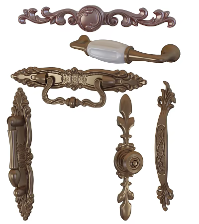 Decorative Vintage Brass Furniture Handles With Intricate Carvings And Various Designs 3d model