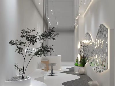 Modern Hotel Lobby Interior Design With White Corridor Green Plants Mirrored Wall Lighting 3d model