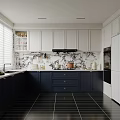 Modern Kitchen With White Dark Blue Cabinets Marble Backsplash Black Tiled Floor And Window Blinds
