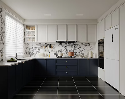 Modern Kitchen With White Dark Blue Cabinets Marble Backsplash Black Tiled Floor And Window Blinds 3d model