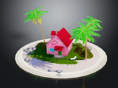 Pink House with Red Roof Surrounded by Palm Trees Sand and Love Sign 3d model
