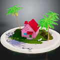 Pink House with Red Roof Surrounded by Palm Trees Sand and Love Sign