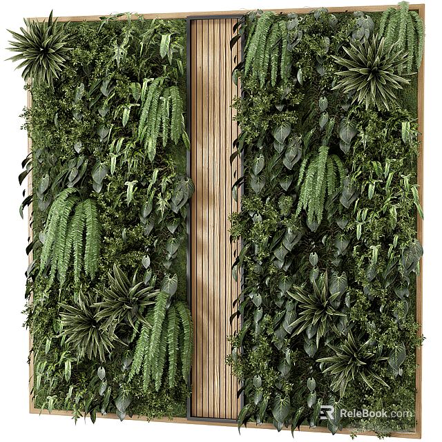 Lush Vertical Living Plant Wall With Diverse Green Foliage And Wooden Frame Design 3d model 