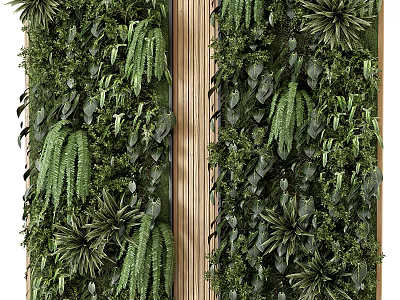 Lush Vertical Living Plant Wall With Diverse Green Foliage And Wooden Frame Design 3d model
