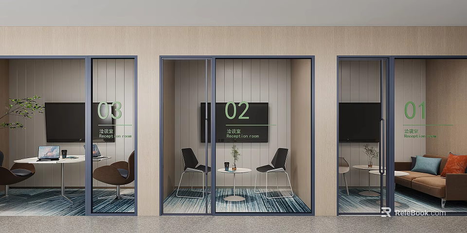 Modern Lounge Area Interior With Glass Doors Tables Chairs And TV 3d model 