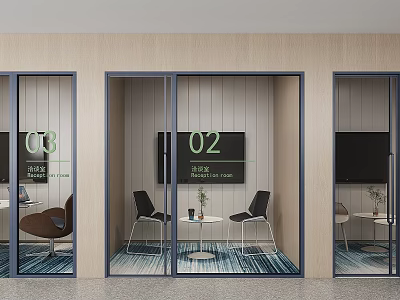 Modern Lounge Area Interior With Glass Doors Tables Chairs And TV 3d model