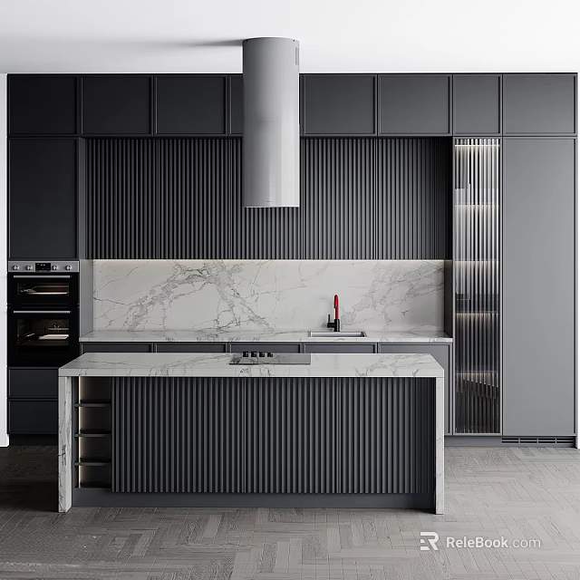 Modern Kitchen Interior With Black Cabinets Marble Countertops Island Range Hood Oven Refrigerator And Appliances 3d model 
