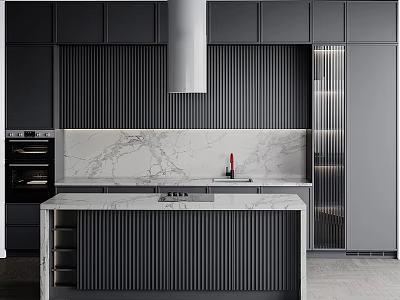 Modern Kitchen Interior With Black Cabinets Marble Countertops Island Range Hood Oven Refrigerator And Appliances 3d model