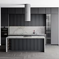 Modern Kitchen Interior With Black Cabinets Marble Countertops Island Range Hood Oven Refrigerator And Appliances