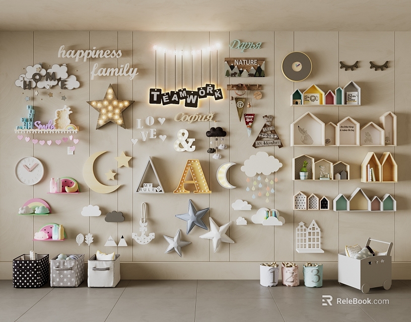 Decorative Wall Hangings With Clouds Stars Moon Letters Houses And Happy Family Words 3d model 