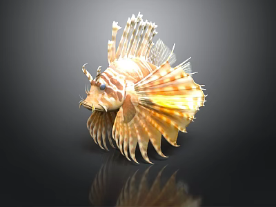 Vibrant Striped Lionfish With Fan Like Fins On Dark Background And Reflection 3d model