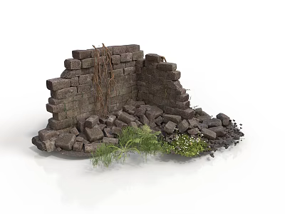 Modern Outdoor Landscape With Weathered Stone Wall Bricks Rubble And Green Plants 3d model