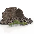 Modern Outdoor Landscape With Weathered Stone Wall Bricks Rubble And Green Plants