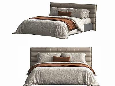 Modern Double Bed With Upholstered Headboard Gray Bedspread And Brown Accent Pillow 3d model