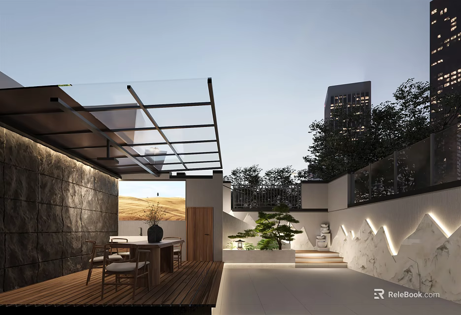 Modern Garden Landscape With Glass Roof Wooden Deck Stone Wall And Green Plants 3d model 