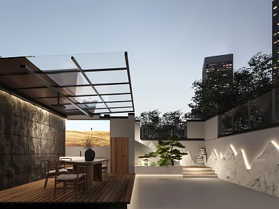 Modern Garden Landscape With Glass Roof Wooden Deck Stone Wall And Green Plants 3d model