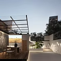 Modern Garden Landscape With Glass Roof Wooden Deck Stone Wall And Green Plants
