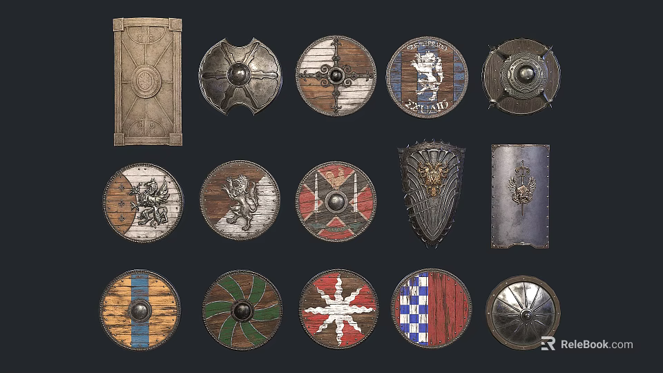 Collection of Various Historical Shields with Decorative Patterns and Different Shapes 3d model 