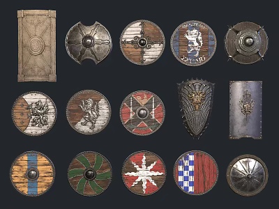 Collection of Various Historical Shields with Decorative Patterns and Different Shapes 3d model